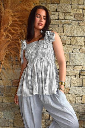 Sundaze Cheesecloth Chalk Stripe Tie Shoulder Top Cloud