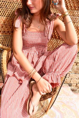 Sundaze Cheesecloth Chalk Stripe Tie Shoulder Top Indian Red