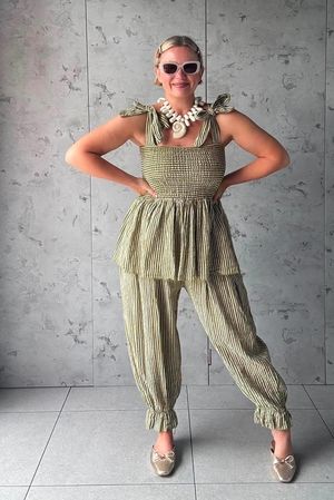 Sundaze Cheesecloth Chalk Stripe Tie Shoulder Top Olive