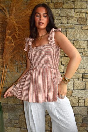 Sundaze Cheesecloth Chalk Stripe Tie Shoulder Top Soft Terracotta