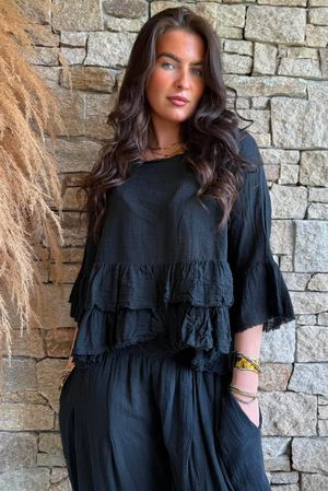 Sundaze Cheesecloth Frill Top Black