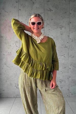 Sundaze Cheesecloth Frill Top Olive