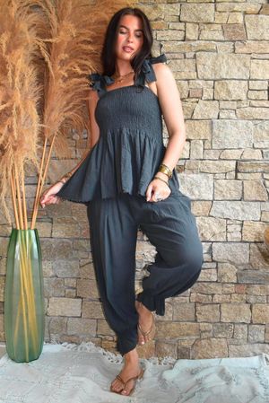 Sundaze Cheesecloth Tie Shoulder Top Charcoal