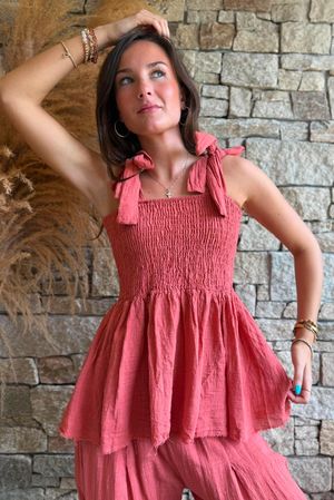 Sundaze Cheesecloth Tie Shoulder Top Indian Red