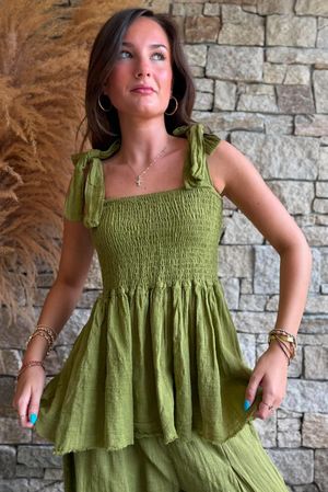 Sundaze Cheesecloth Tie Shoulder Top Olive