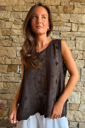 Tilda Floral Applique Tank Chocolate