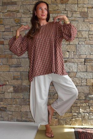Vivienne Plaid Bell Sleeve Peasant Smock Chestnut & Hazelnut
