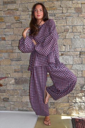 Vivienne Plaid Bell Sleeve Peasant Smock Aubergine & Denim