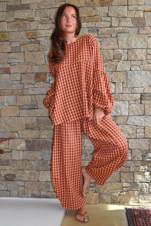 Vivienne Plaid Bell Sleeve Peasant Smock Chestnut & Marmalade