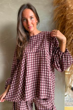 Vivienne Plaid Bell Sleeve Peasant Smock Damson & Blush