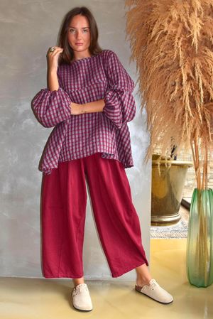 Vivienne Plaid Bell Sleeve Peasant Smock Merlot & Blue