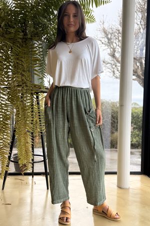 Wild Shores Pure Cotton D Ring Relaxed Washed Pant Khaki 