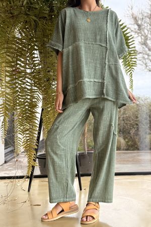 Wild Shores Pure Cotton Raw Seam Top Khaki