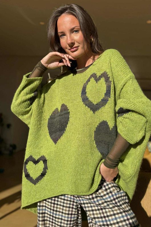 Big Softie Ombre Heart Slouch Knit Jumper Olive 
