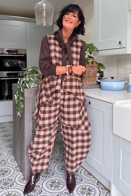 Nora Brushed Cotton Gingham Trapeze Waistcoat Coffee Bean