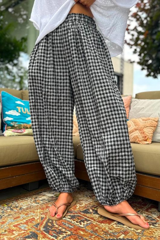 Agnes Cotton Gingham Balloon Cuff Pant Black Grey