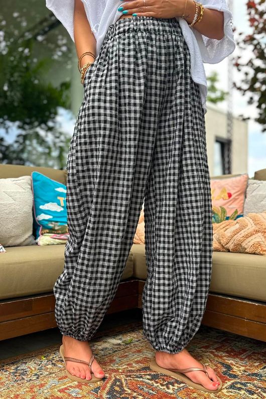 Agnes Cotton Gingham Balloon Cuff Pant Black Grey