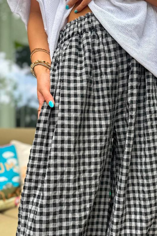 Agnes Cotton Gingham Balloon Cuff Pant Black Grey