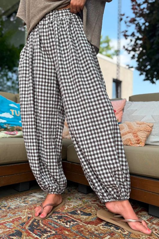 Agnes Cotton Gingham Balloon Cuff Pant Coffee Bean