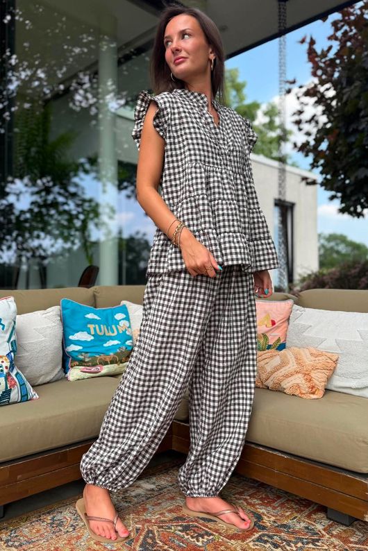 Agnes Cotton Gingham Balloon Cuff Pant Coffee Bean