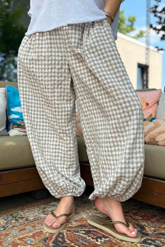 Agnes Cotton Gingham Balloon Cuff Pant Mocha