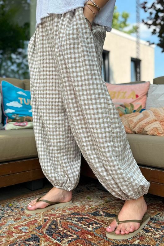 Agnes Cotton Gingham Balloon Cuff Pant Mocha