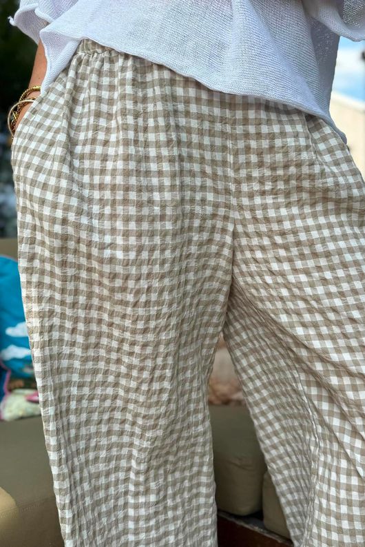 Agnes Cotton Gingham Balloon Cuff Pant Mocha