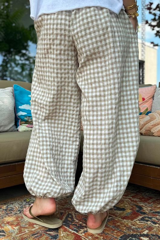 Agnes Cotton Gingham Balloon Cuff Pant Mocha