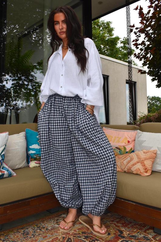 Agnes Cotton Gingham Balloon Cuff Pant Navy