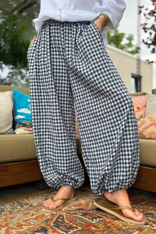 Agnes Cotton Gingham Balloon Cuff Pant Navy