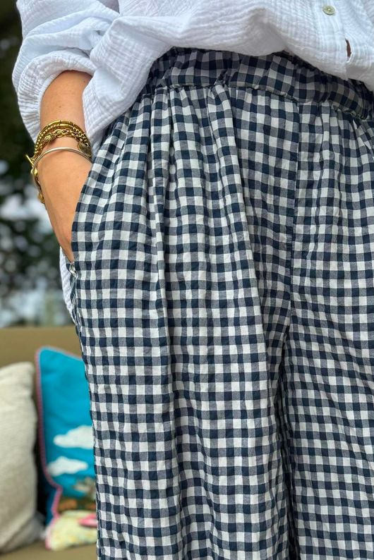 Agnes Cotton Gingham Balloon Cuff Pant Navy