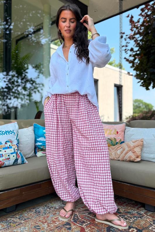 Agnes Cotton Gingham Balloon Cuff Pant Plum