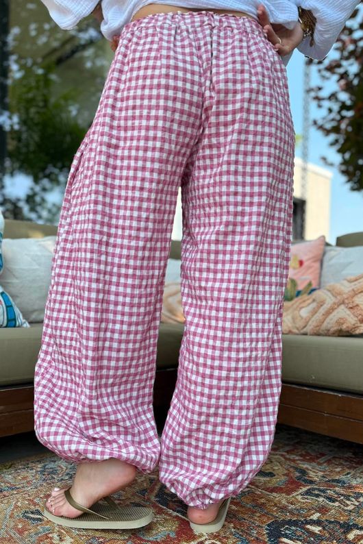 Agnes Cotton Gingham Balloon Cuff Pant Plum