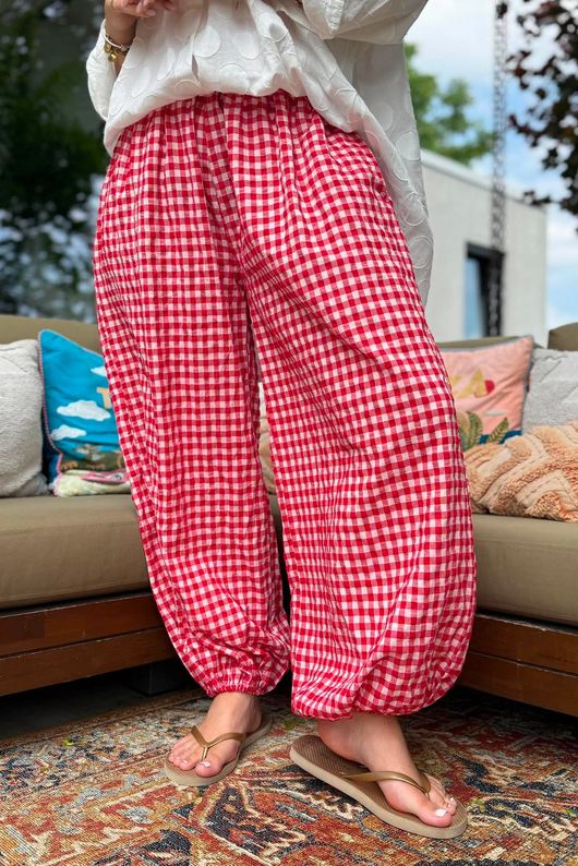 Agnes Cotton Gingham Balloon Cuff Pant Ruby