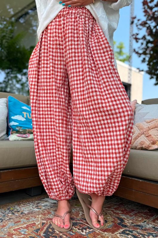 Agnes Cotton Gingham Balloon Cuff Pant Rust