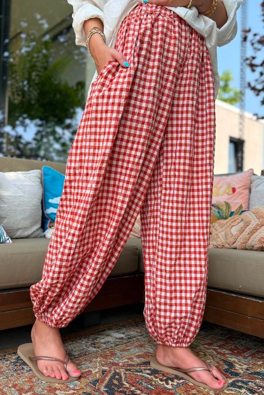 Agnes Cotton Gingham Balloon Cuff Pant Rust
