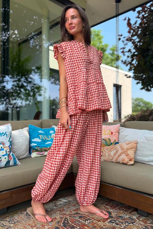 Agnes Cotton Gingham Balloon Cuff Pant Rust