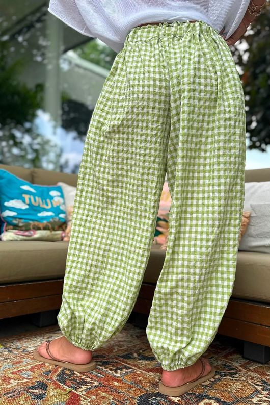 Agnes Cotton Gingham Balloon Cuff Pant Soft Olive