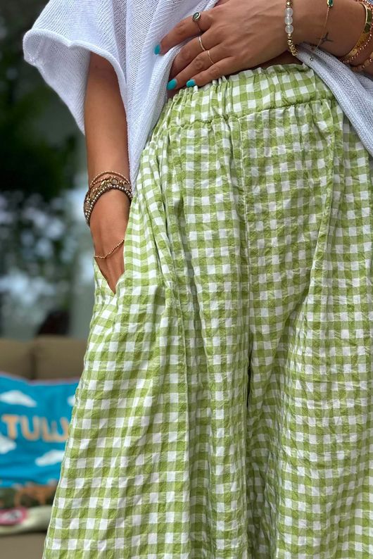 Agnes Cotton Gingham Balloon Cuff Pant Soft Olive