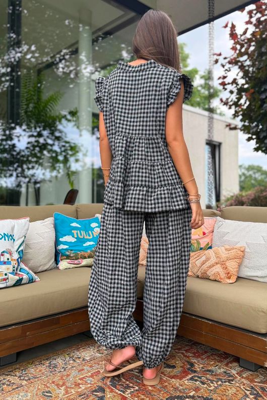 Agnes Cotton Gingham Tiered Top Black Grey