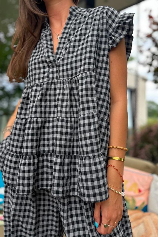 Agnes Cotton Gingham Tiered Top Black Grey