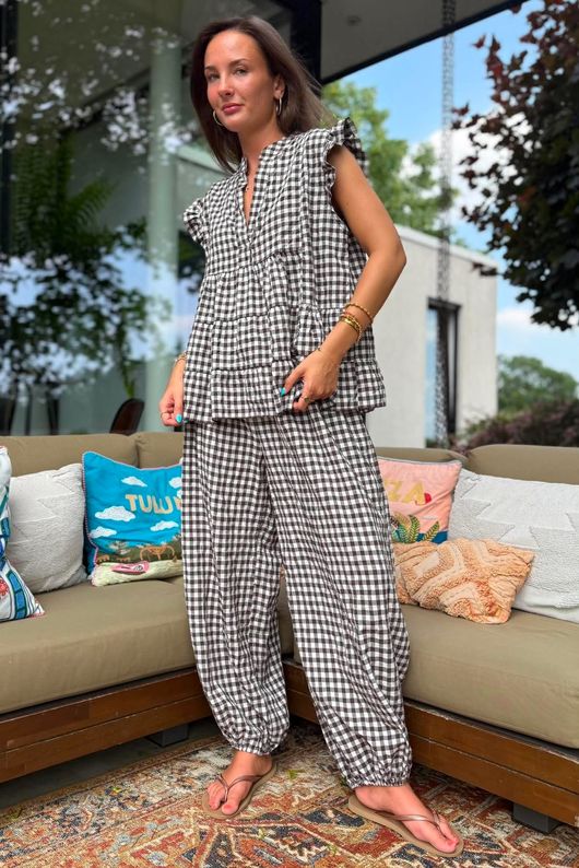 Agnes Cotton Gingham Tiered Top Coffee Bean