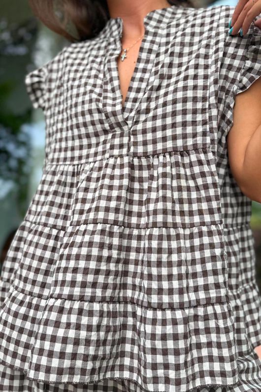 Agnes Cotton Gingham Tiered Top Coffee Bean
