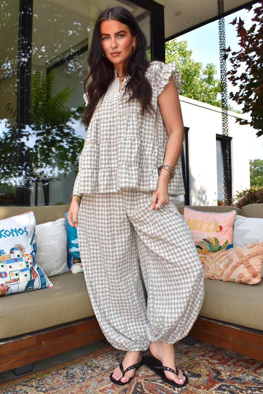 Agnes Cotton Gingham Tiered Top Mocha