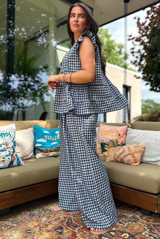 Agnes Cotton Gingham Tiered Top Navy