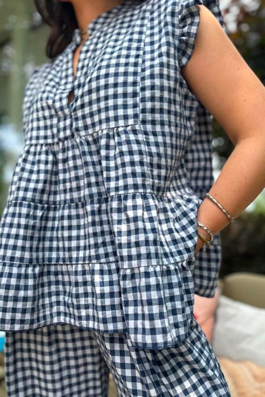 Agnes Cotton Gingham Tiered Top Navy