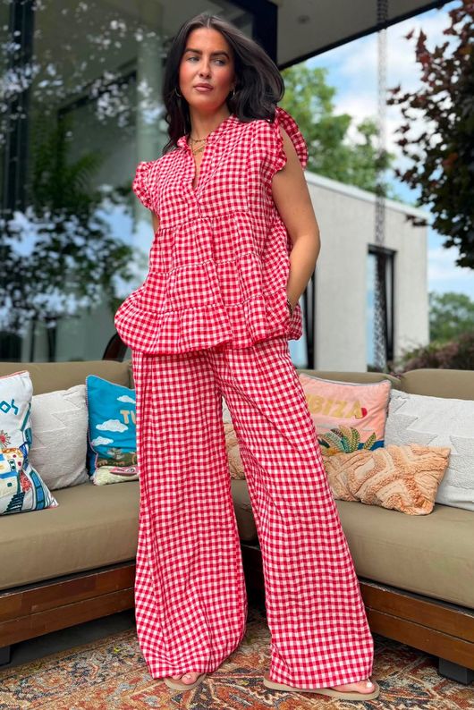 Agnes Cotton Gingham Tiered Top Ruby