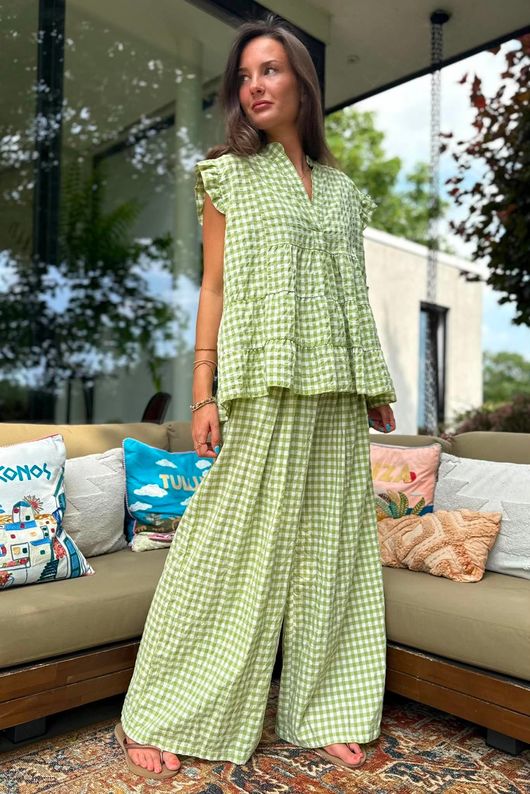 Agnes Cotton Gingham Tiered Top Soft Olive