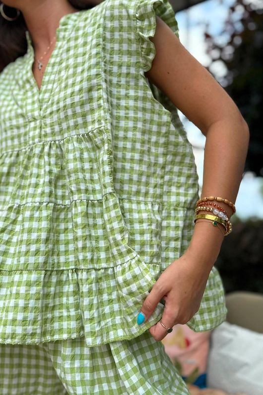 Agnes Cotton Gingham Tiered Top Soft Olive