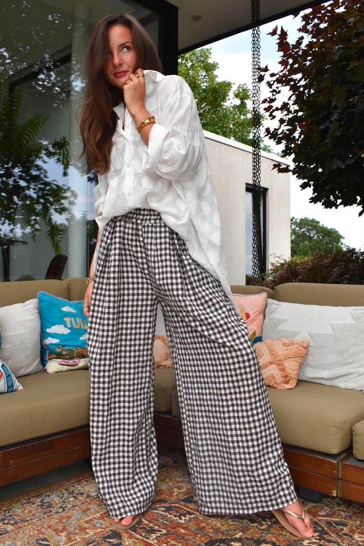 Agnes Cotton Gingham Wide Leg Pant Coffee Bean